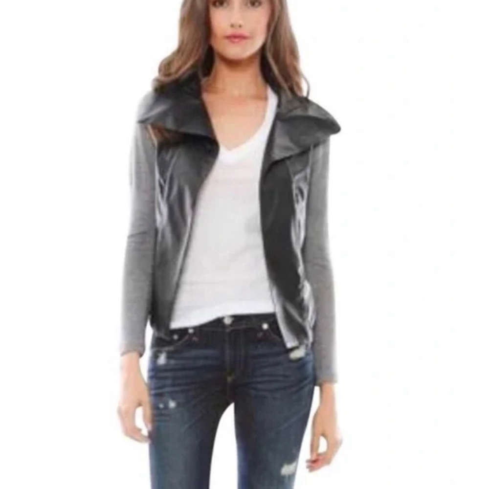 Generation Love Black Gray Vegan Leather Angora Blend Open Sweater Jacket Small